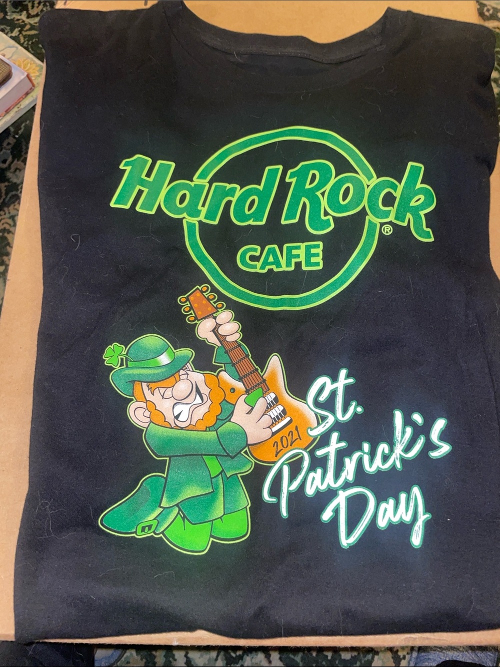 Hard Rock Cafe Black Tee with Neon Green St. Patrick's Day Graphic